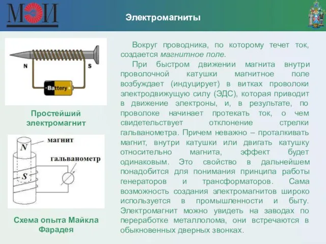 Электромагниты Вокруг проводника, по которому течет ток, создается магнитное поле. При