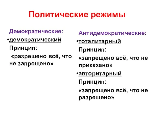 Политические режимы Демократические: демократический Принцип: «разрешено всё, что не запрещено» Антидемократические: