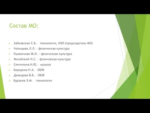 Состав МО: Зайковская С.В. – технология, ИЗО (председатель МО) Челищева Л.Л.