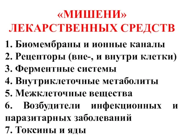 «МИШЕНИ» ЛЕКАРСТВЕННЫХ СРЕДСТВ 1. Биомембраны и ионные каналы 2. Рецепторы (вне-,