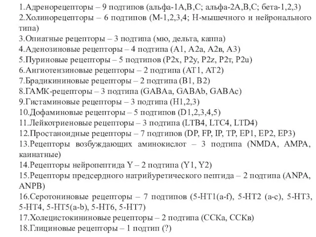 1.Адренорецепторы – 9 подтипов (альфа-1А,В,С; альфа-2А,В,С; бета-1,2,3) 2.Холинорецепторы – 6 подтипов