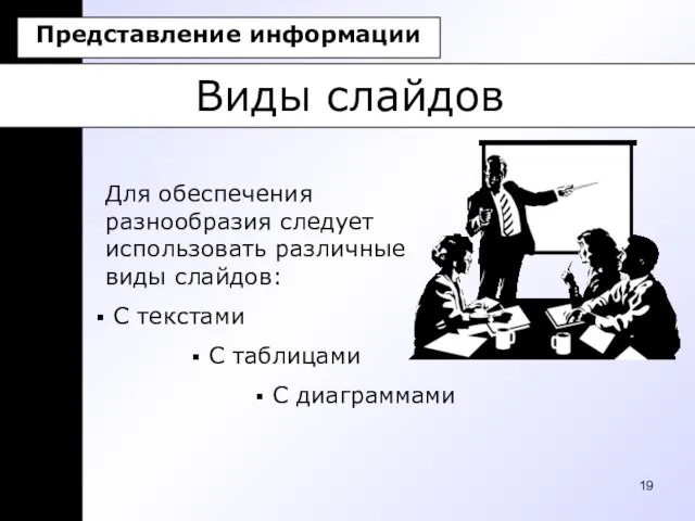 Виды слайдов Для обеспечения разнообразия следует использовать различные виды слайдов: C