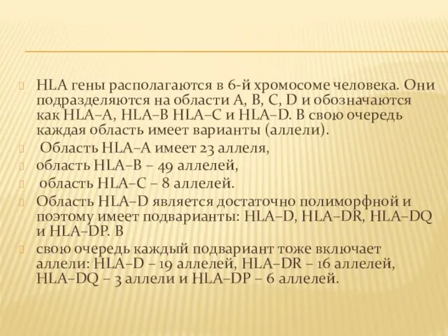 HLA гены располагаются в 6-й хромосоме человека. Они подразделяются на области