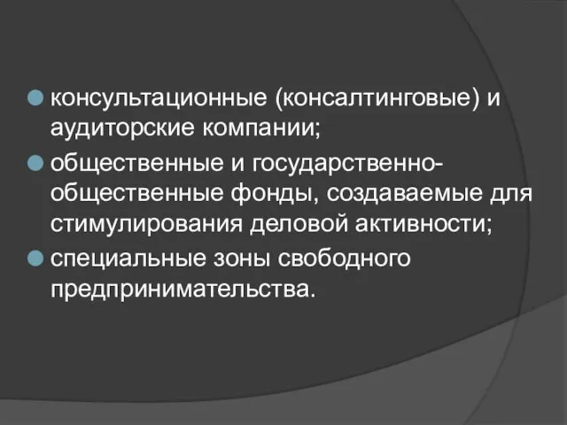 консультационные (консалтинговые) и аудиторские компании; общественные и государственно-общественные фонды, создаваемые для