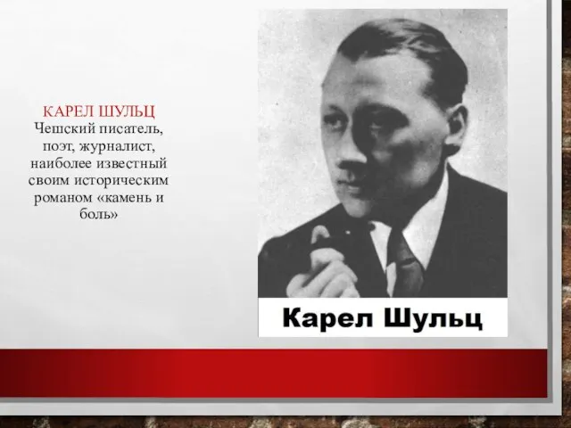 КАРЕЛ ШУЛЬЦ Чешский писатель, поэт, журналист, наиболее известный своим историческим романом «камень и боль»