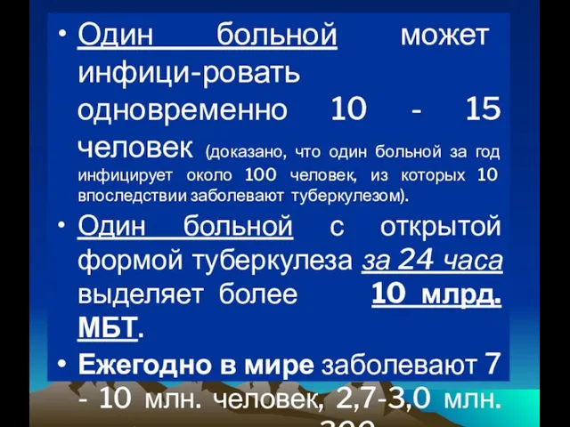 Один больной может инфици-ровать одновременно 10 - 15 человек (доказано, что