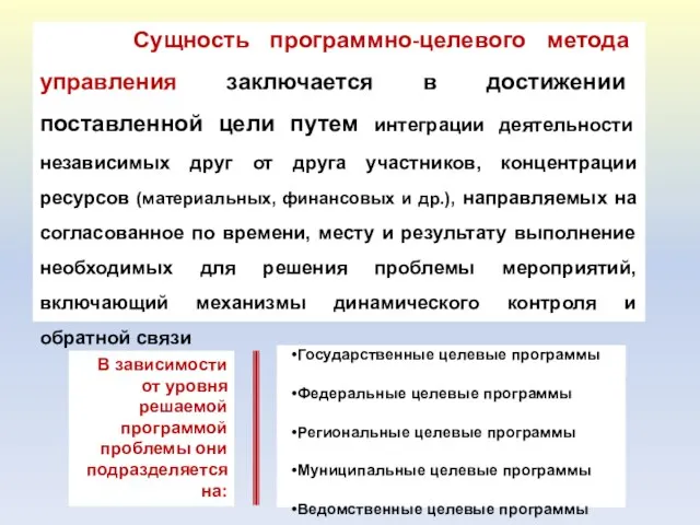 Государственные целевые программы Федеральные целевые программы Региональные целевые программы Муниципальные целевые