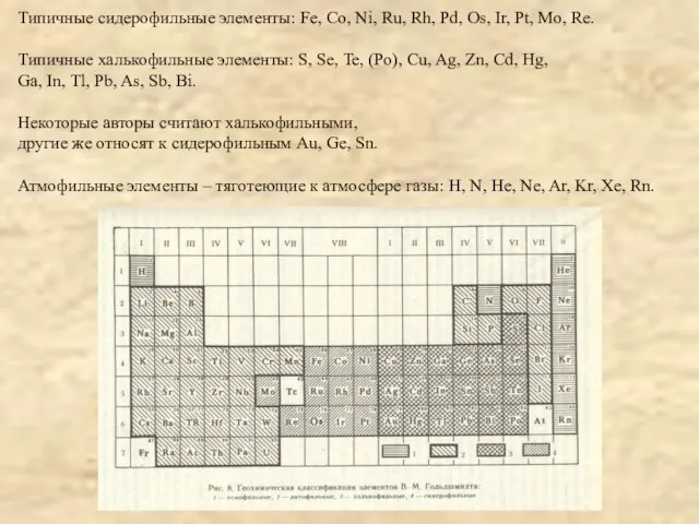 Типичные сидерофильные элементы: Fe, Co, Ni, Ru, Rh, Pd, Os, Ir,