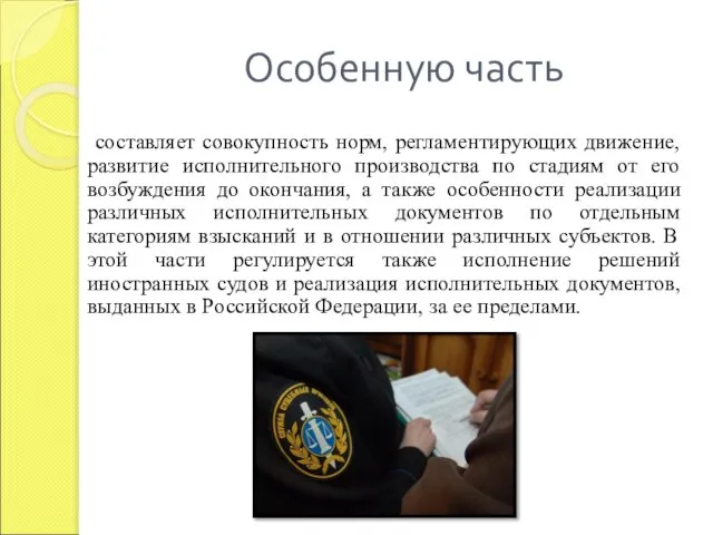 Особенную часть составляет совокупность норм, регламентирующих движение, развитие исполнительного производства по