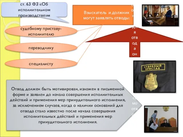 Взыскатель и должник могут заявлять отводы: ст. 63 ФЗ «Об исполнительном