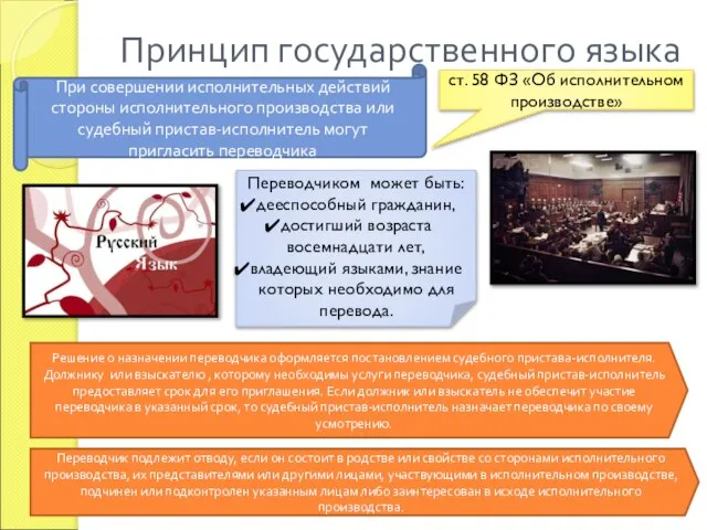 Принцип государственного языка ст. 58 ФЗ «Об исполнительном производстве» При совершении