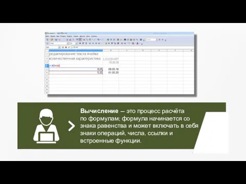 Вычисление — это процесс расчёта по формулам; формула начинается со знака