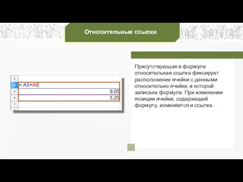 Относительные ссылки Присутствующая в формуле относительная ссылка фиксирует расположение ячейки с