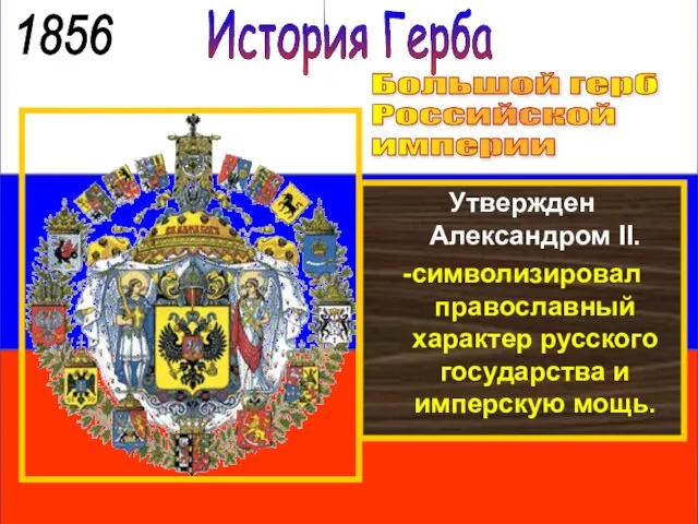 История Герба 1856 Большой герб Российской империи Утвержден Александром II. -символизировал