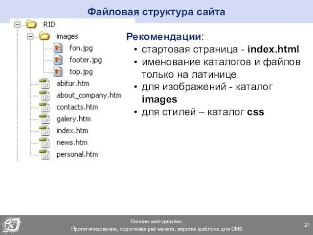 Файловая структура сайта Рекомендации: стартовая страница - index.html именование каталогов и