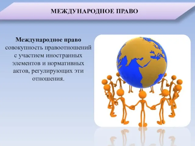 МЕЖДУНАРОДНОЕ ПРАВО Международное право совокупность правоотношений с участием иностранных элементов и нормативных актов, регулирующих эти отношения.