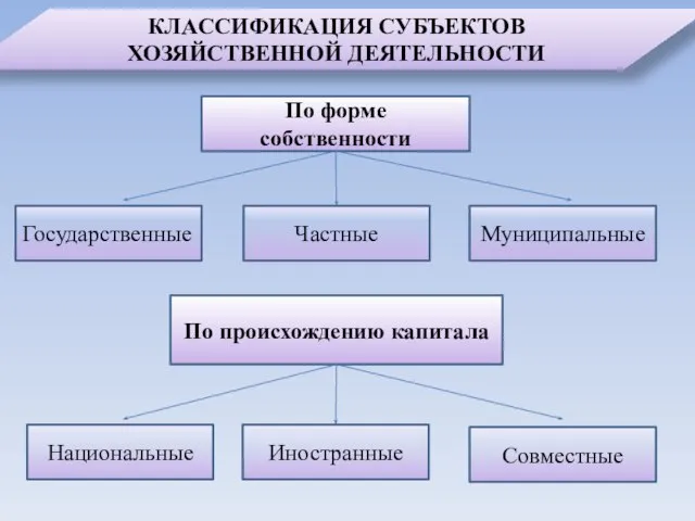 КЛАССИФИКАЦИЯ СУБЪЕКТОВ ХОЗЯЙСТВЕННОЙ ДЕЯТЕЛЬНОСТИ По форме собственности Частные Муниципальные Государственные По происхождению капитала Совместные Иностранные Национальные