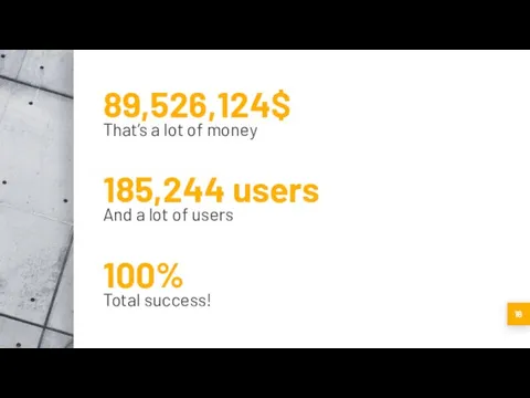 89,526,124$ That’s a lot of money 100% Total success! 185,244 users And a lot of users