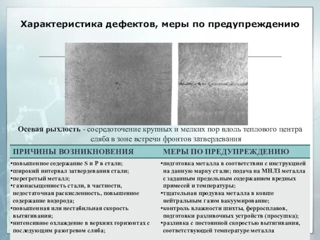 Характеристика дефектов, меры по предупреждению Осевая рыхлость - сосредоточение крупных и