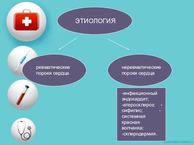 ЭТИОЛОГИЯ ревматические пороки сердца неревматические пороки сердца -инфекционный эндокардит; -атеросклероз; -сифилис; -системная красная волчанка; -склеродермия.