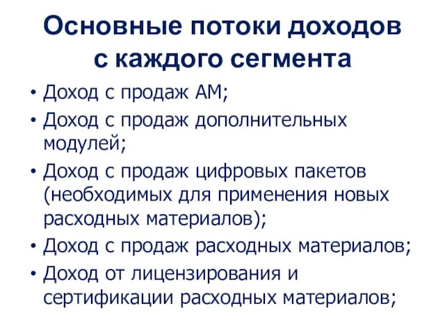 Основные потоки доходов с каждого сегмента Доход с продаж АМ; Доход