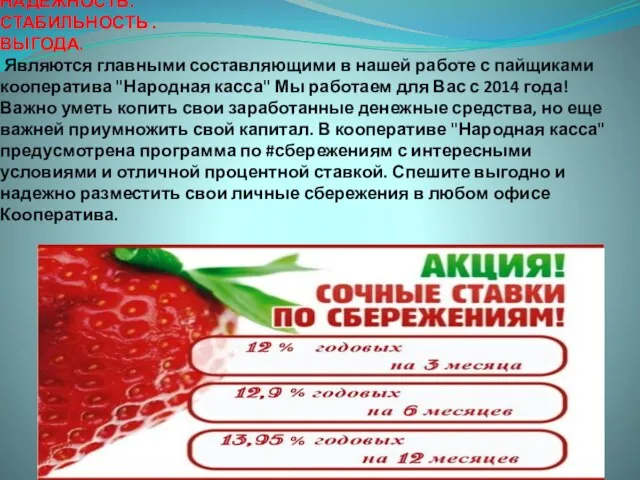 НАДЕЖНОСТЬ. СТАБИЛЬНОСТЬ . ВЫГОДА. Являются главными составляющими в нашей работе с