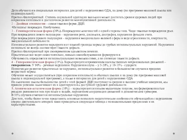 Дети обучаются в специальных интернатах для детей с нарушениями ОДА, на