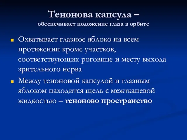 Тенонова капсула – обеспечивает положение глаза в орбите Охватывает глазное яблоко