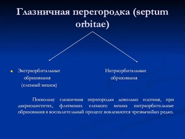 Глазничная перегородка (septum orbitae) Экстраорбитальные Интраорбитальные образования образования (слезный мешок) Поскольку