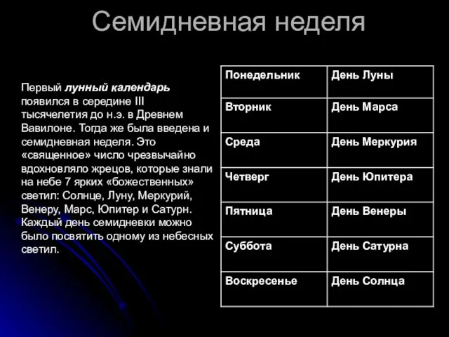 Семидневная неделя Первый лунный календарь появился в середине III тысячелетия до