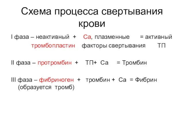 Схема процесса свертывания крови I фаза – неактивный + Ca, плазменные