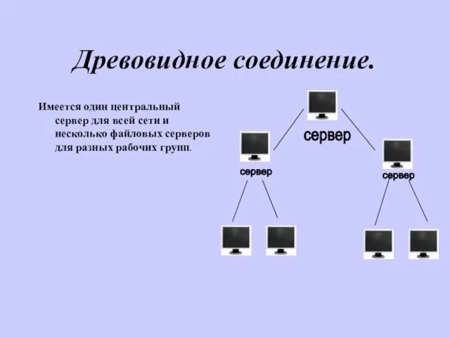 Древовидное соединение. Имеется один центральный сервер для всей сети и несколько