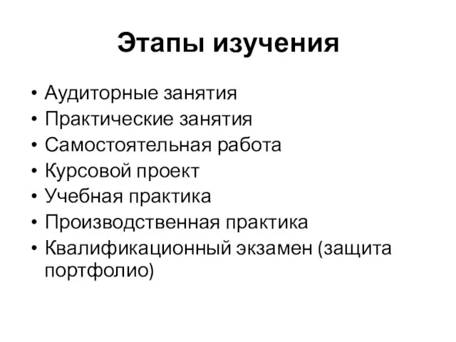 Этапы изучения Аудиторные занятия Практические занятия Самостоятельная работа Курсовой проект Учебная