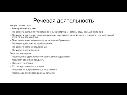 Речевая деятельность Импрессивная речь Реагирует на свое имя Понимает и выполняет