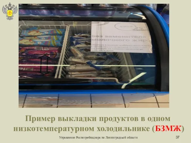 Управление Роспотребнадзора по Ленинградской области Пример выкладки продуктов в одном низкотемпературном холодильнике (БЗМЖ)