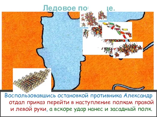Зная тактику рыцарей Александр вывел дружину на лед. Прямо у крутого