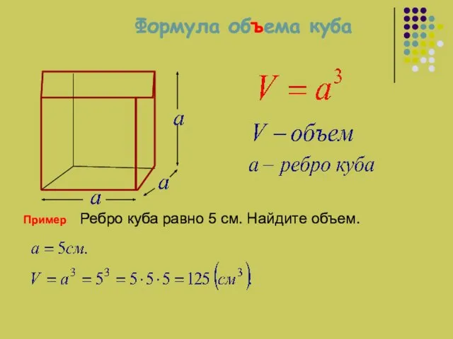 Формула объема куба Пример Ребро куба равно 5 см. Найдите объем.