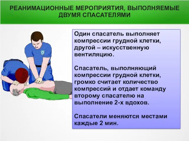 РЕАНИМАЦИОННЫЕ МЕРОПРИЯТИЯ, ВЫПОЛНЯЕМЫЕ ДВУМЯ СПАСАТЕЛЯМИ Один спасатель выполняет компрессии грудной клетки,