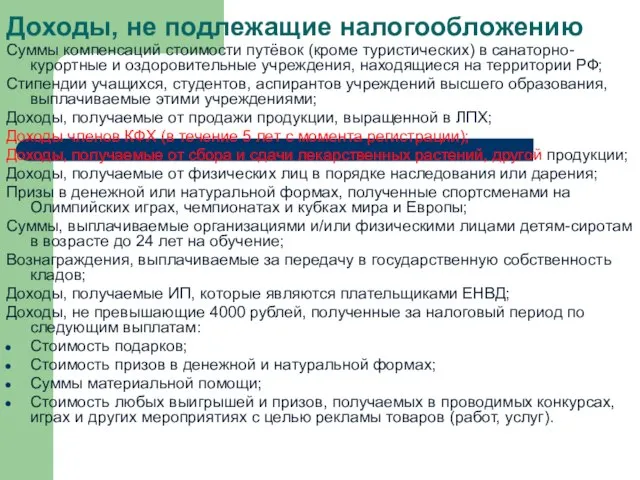 Доходы, не подлежащие налогообложению Суммы компенсаций стоимости путёвок (кроме туристических) в