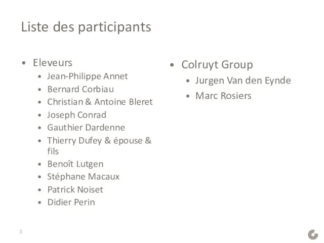 Liste des participants Colruyt Group Jurgen Van den Eynde Marc Rosiers