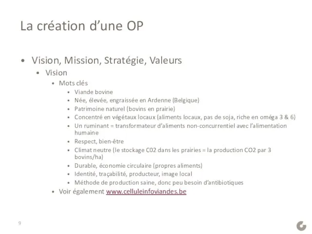 La création d’une OP Vision, Mission, Stratégie, Valeurs Vision Mots clés