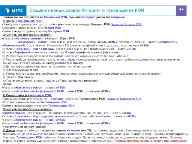 Создание новых заявок Интернет и Телевидение PON Заявки так же создаются