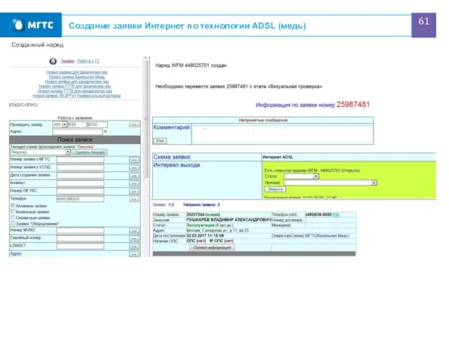 Создание заявки Интернет по технологии ADSL (медь) Созданный наряд