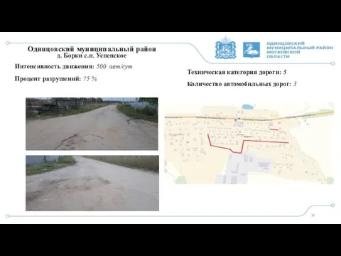 Одинцовский муниципальный район Интенсивность движения: 500 авт/сут Процент разрушений: 75 %