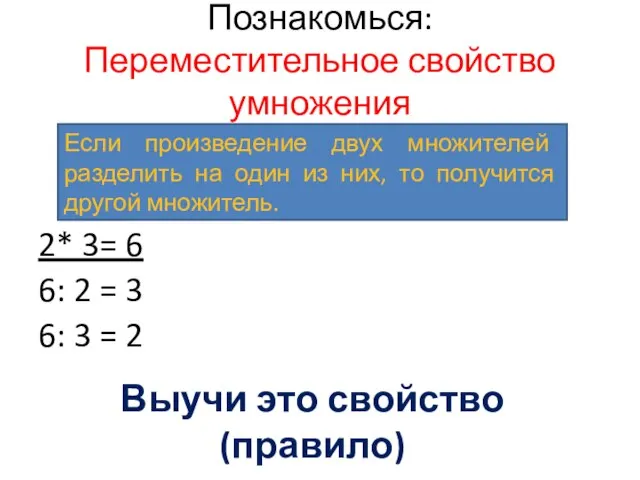 Познакомься: Переместительное свойство умножения 2* 3= 6 6: 2 = 3