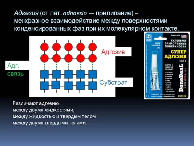 Различают адгезию между двумя жидкостями, между жидкостью и твердым телом между