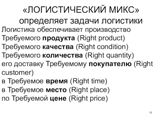 «ЛОГИСТИЧЕСКИЙ МИКС» определяет задачи логистики Логистика обеспечивает производство Требуемого продукта (Right