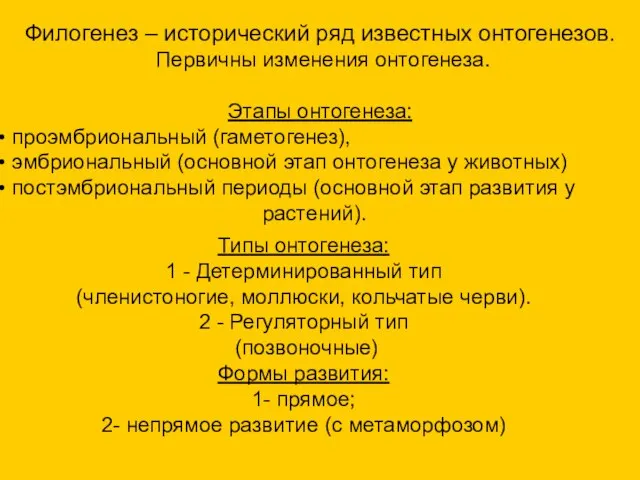 Филогенез – исторический ряд известных онтогенезов. Первичны изменения онтогенеза. Этапы онтогенеза: