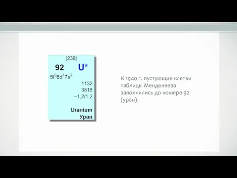 К 1940 г. пустующие клетки таблицы Менделеева заполнились до номера 92 (уран).