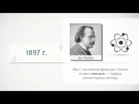 1897 г. 1897 г. английский физик Дж. Томсон открыл электрон — первую элементарную частицу.